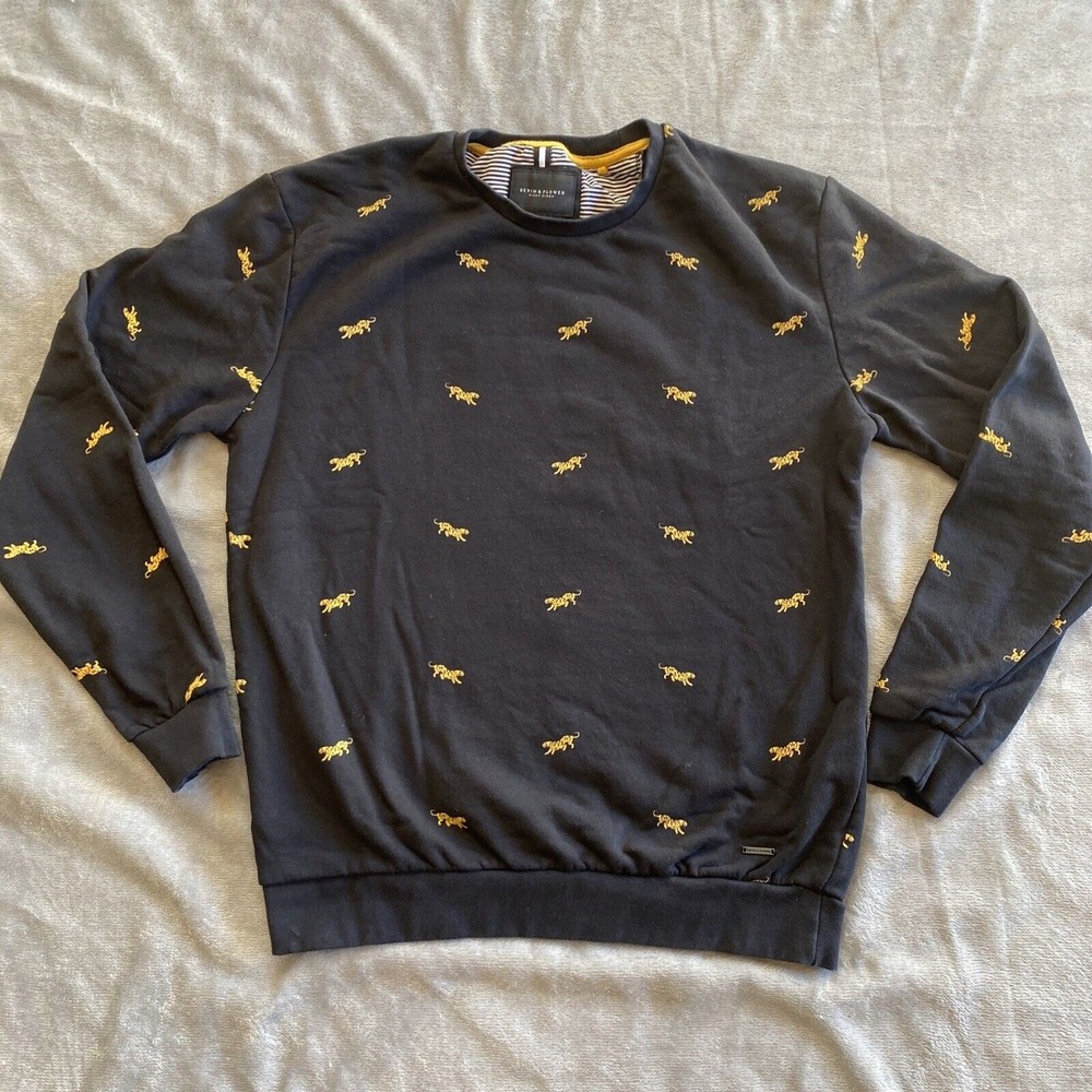 Size Large Denim & Flower by Ricky Singh Tiger All Over Crewneck Pullover